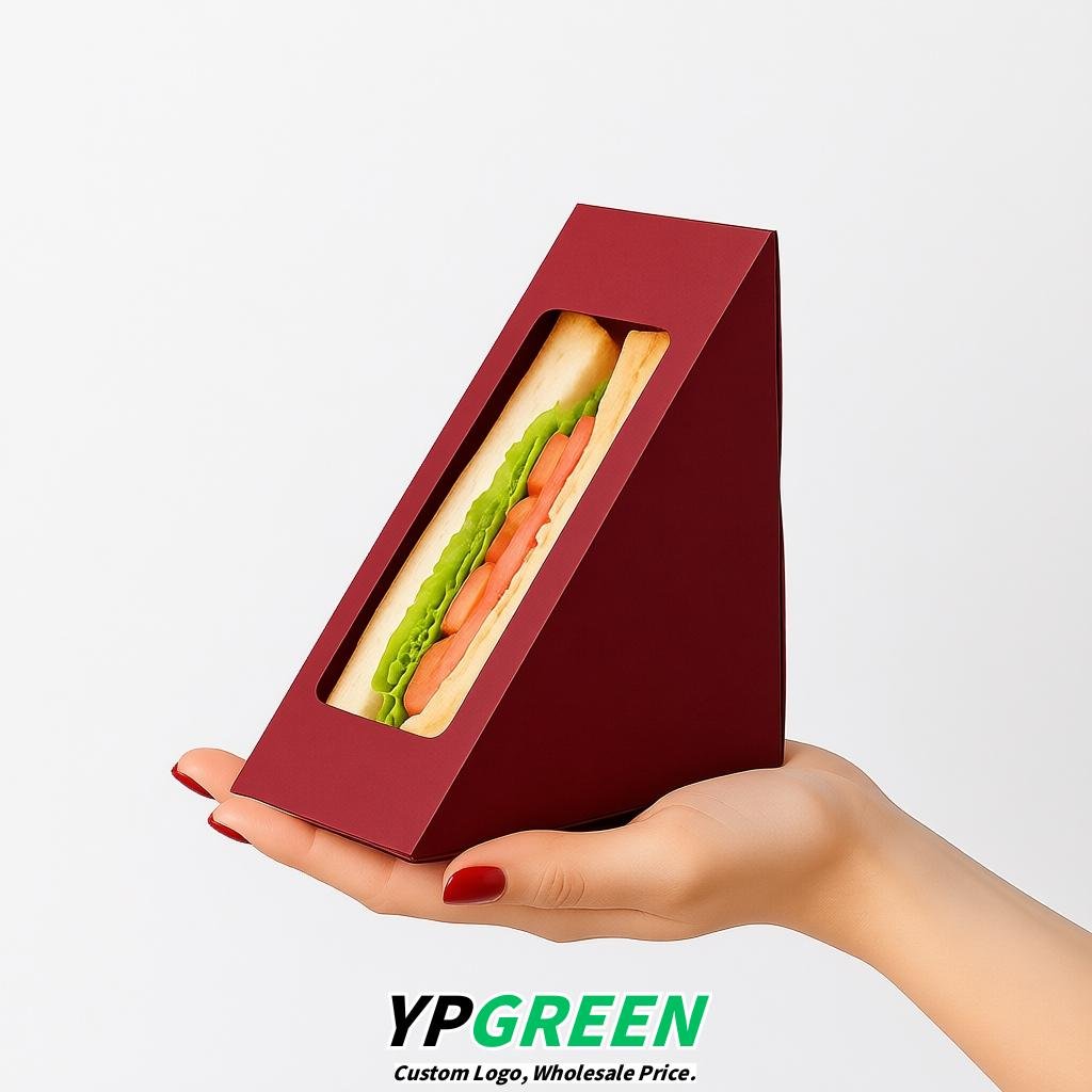 Crimson Triangle Paper Sandwich Boxes with Window 4.7x4.7x2.6 Inch - Factory Direct