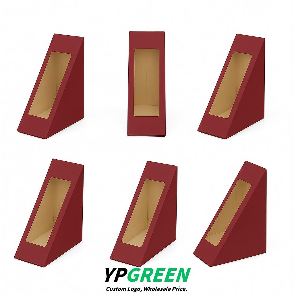 Crimson Triangle Paper Sandwich Boxes with Window 4.7x4.7x2.6 Inch - Factory Direct