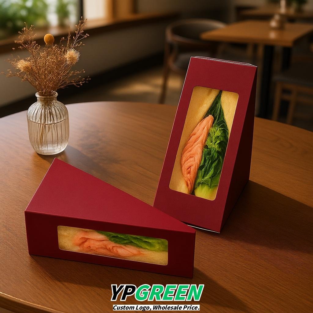 Crimson Triangle Paper Sandwich Boxes with Window 4.7x4.7x2.6 Inch - Factory Direct