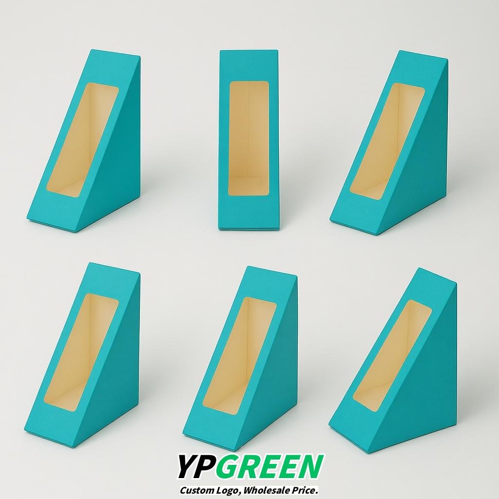 Cyan Triangle Paper Sandwich Boxes with Window 4.7x4.7x2.6 Inch - Factory Direct