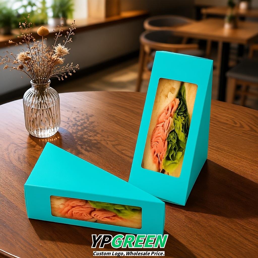 Cyan Triangle Paper Sandwich Boxes with Window 4.7x4.7x2.6 Inch - Factory Direct