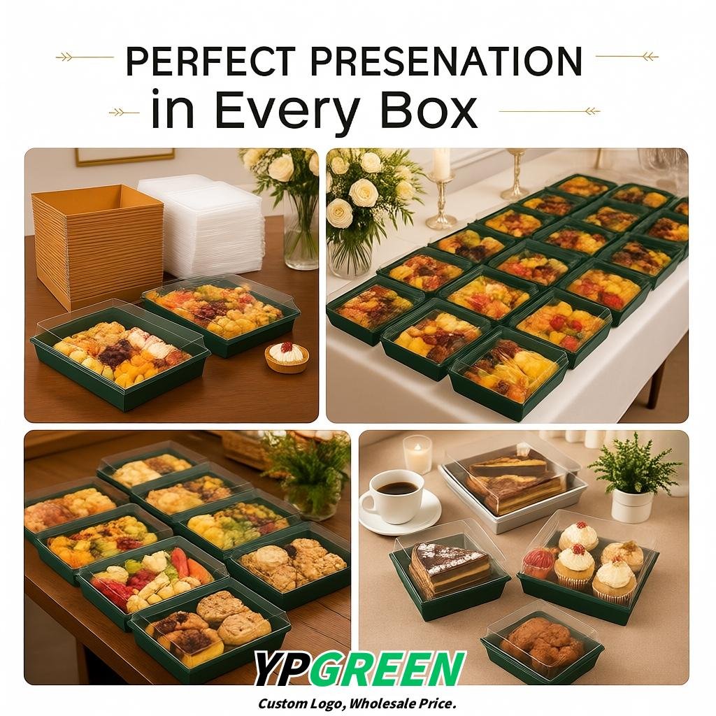 Dark Green Charcuterie Boxes with Clear Lids - 4 inches & 5 inches Disposable Paper Square Food Containers