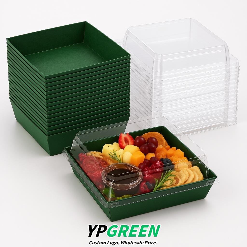 Dark Green Charcuterie Boxes with Clear Lids - 4 inches & 5 inches Disposable Paper Square Food Containers
