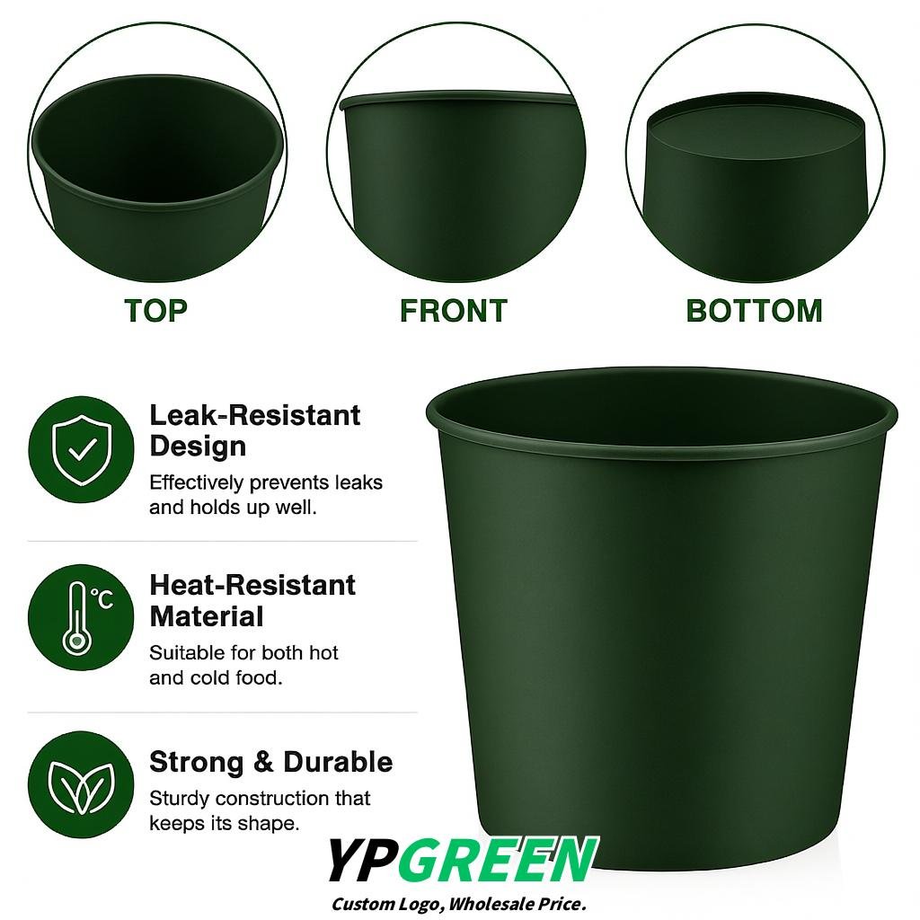 Dark Green 85 oz Paper Buckets 6.9x5.7x6.3 Inches Cardboard Food Container
