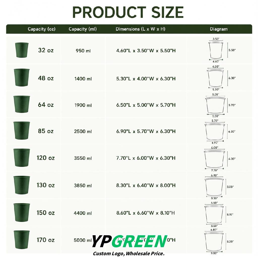 Dark Green 85 oz Paper Buckets 6.9x5.7x6.3 Inches Cardboard Food Container
