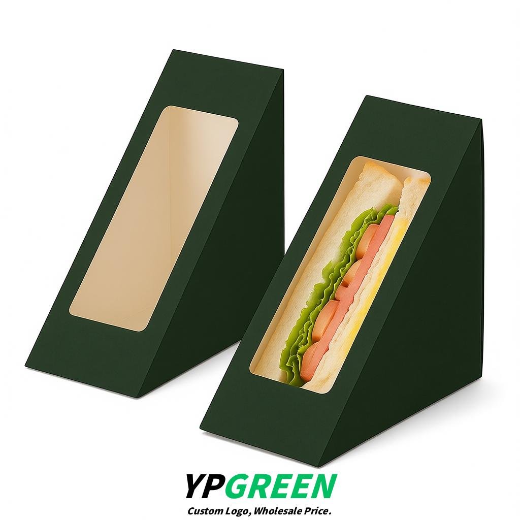 Dark Green Triangle Paper Sandwich Boxes with Window 4.7x4.7x2.6 Inch - Factory Direct