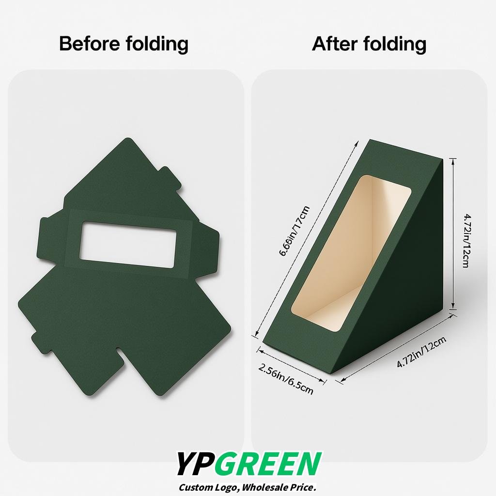 Dark Green Triangle Paper Sandwich Boxes with Window 4.7x4.7x2.6 Inch - Factory Direct