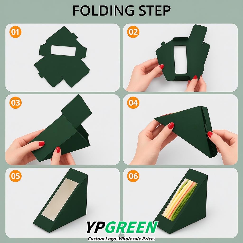 Dark Green Triangle Paper Sandwich Boxes with Window 4.7x4.7x2.6 Inch - Factory Direct
