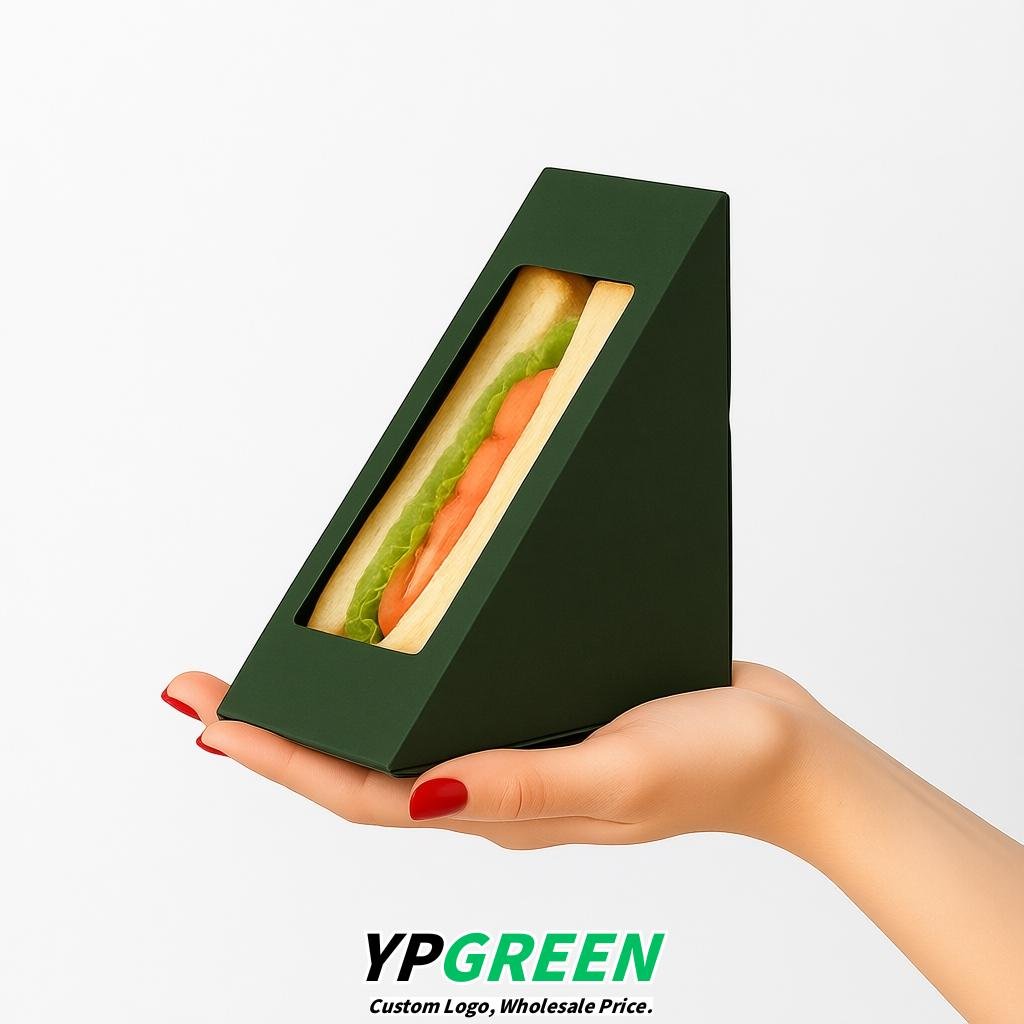 Dark Green Triangle Paper Sandwich Boxes with Window 4.7x4.7x2.6 Inch - Factory Direct