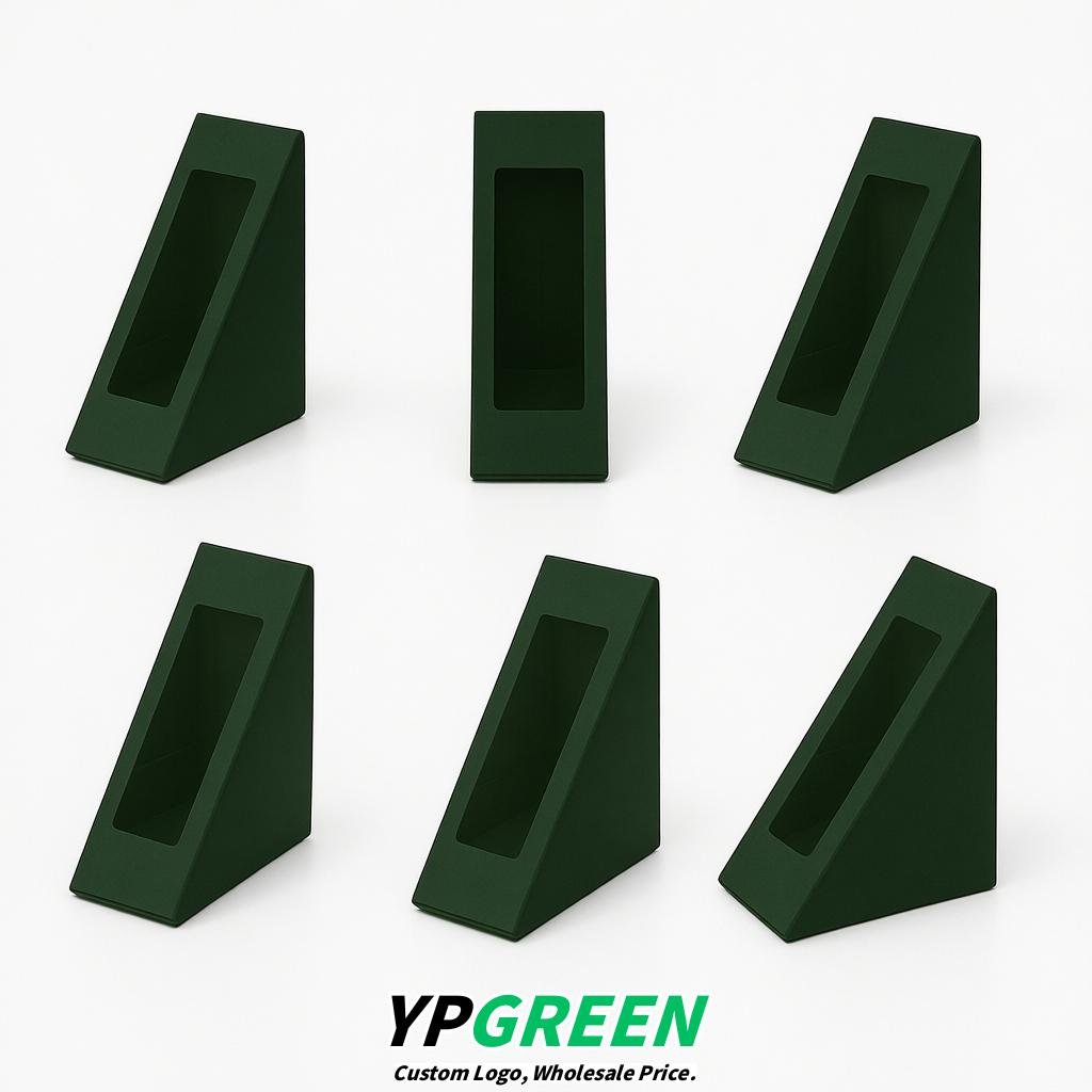 Dark Green Triangle Paper Sandwich Boxes with Window 4.7x4.7x2.6 Inch - Factory Direct