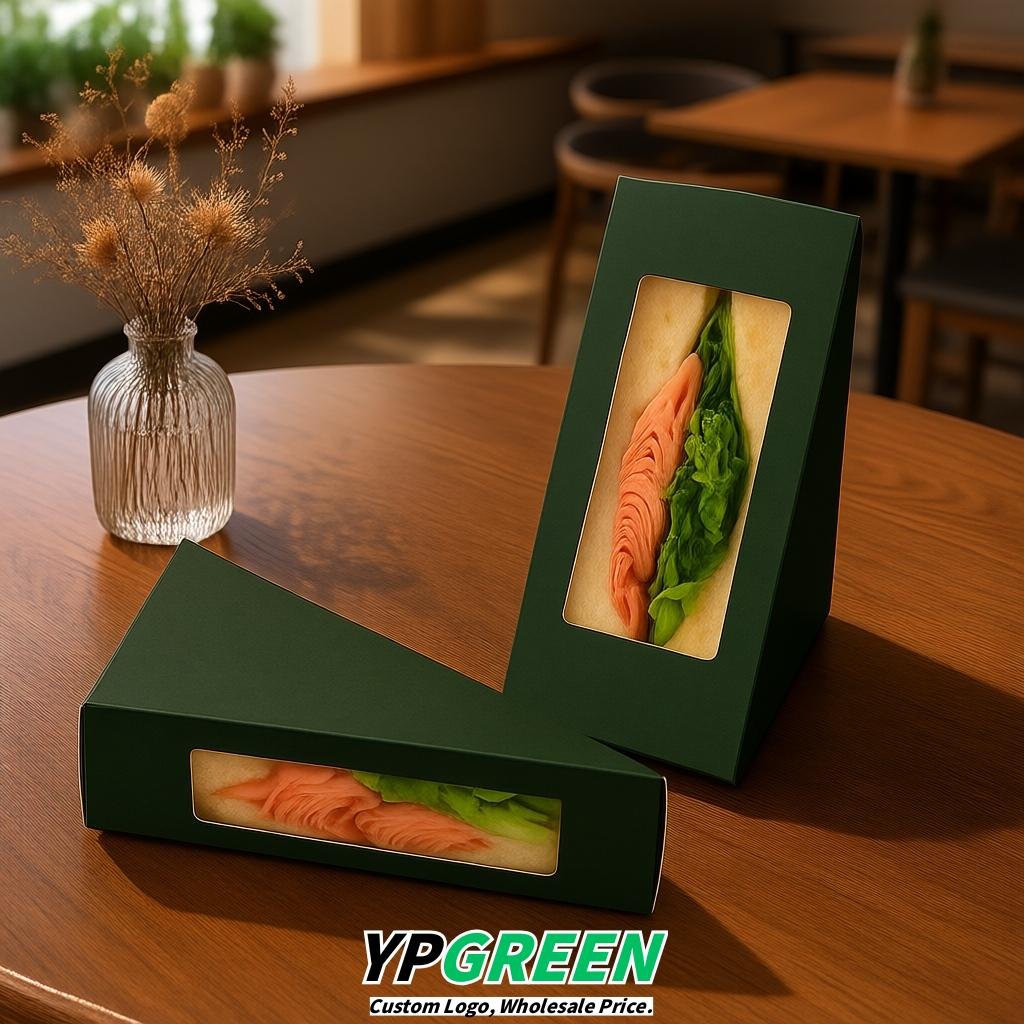 Dark Green Triangle Paper Sandwich Boxes with Window 4.7x4.7x2.6 Inch - Factory Direct