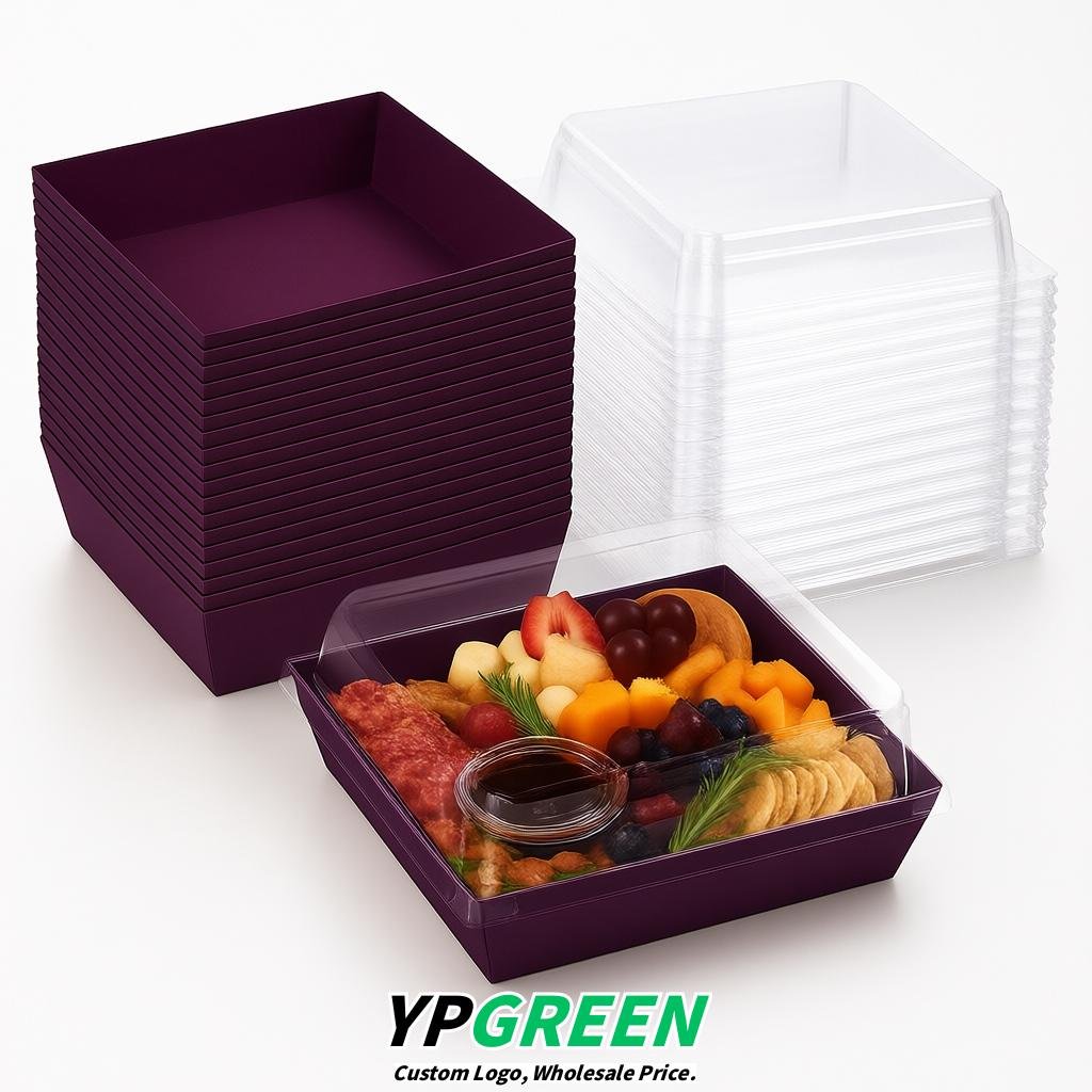 Dark Violet Charcuterie Boxes with Clear Lids - 4 inches & 5 inches Disposable Paper Square Food Containers