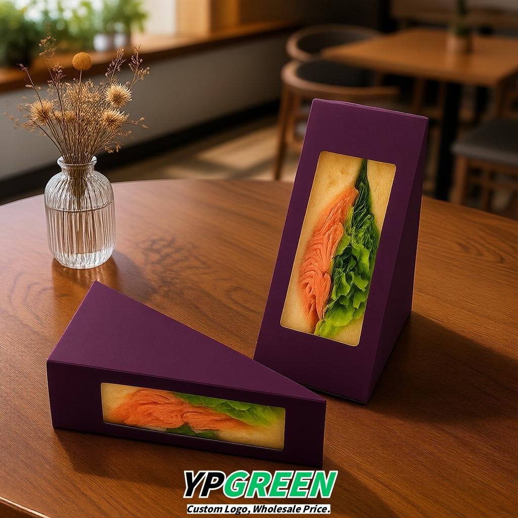 Dark Violet Triangle Paper Sandwich Boxes with Window 4.7x4.7x2.6 Inch - Factory Direct