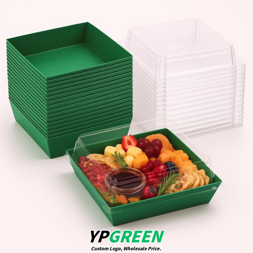 Emerald Green Charcuterie Boxes with Clear Lids - 4 inches & 5 inches Disposable Paper Square Food Containers