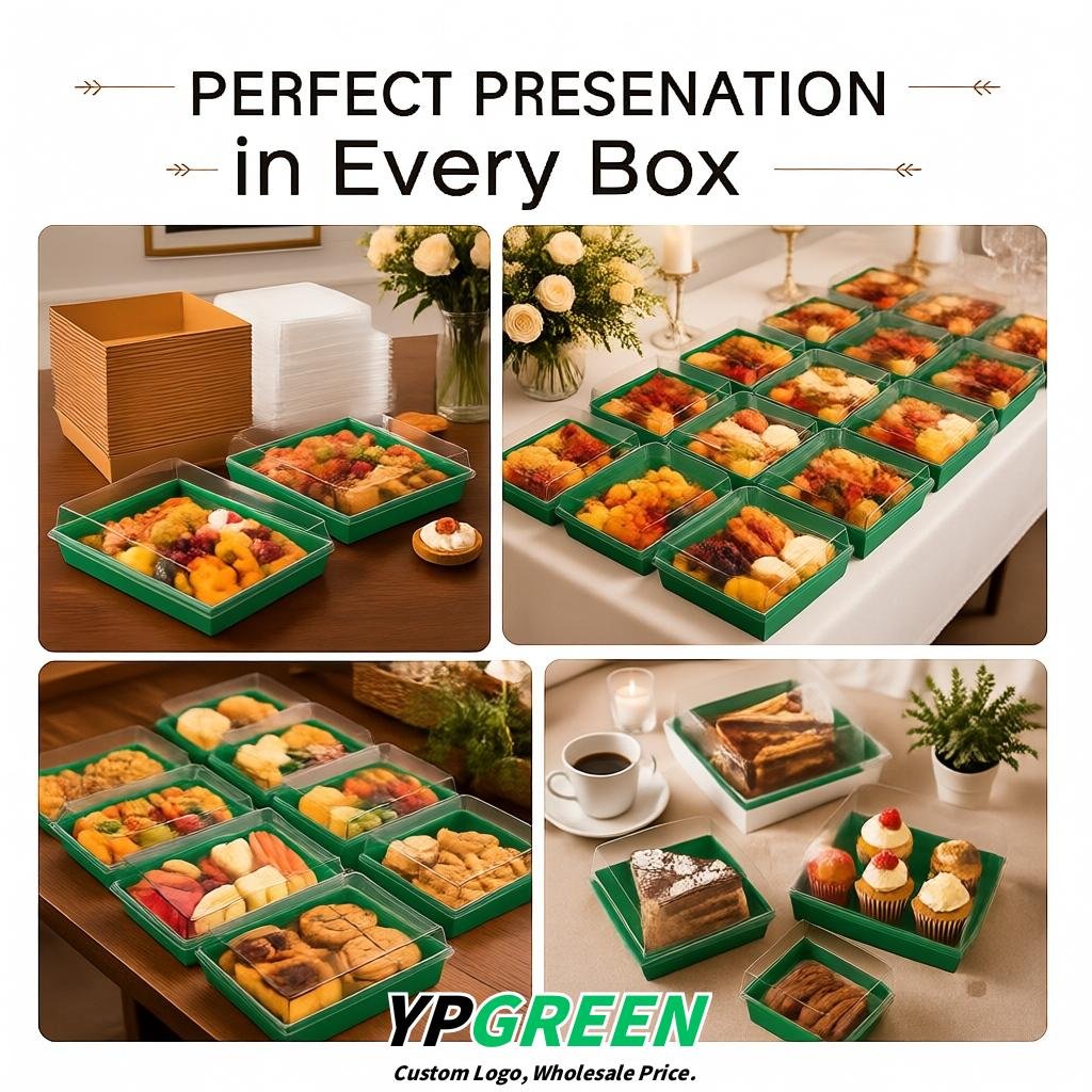 Emerald Green Charcuterie Boxes with Clear Lids - 4 inches & 5 inches Disposable Paper Square Food Containers