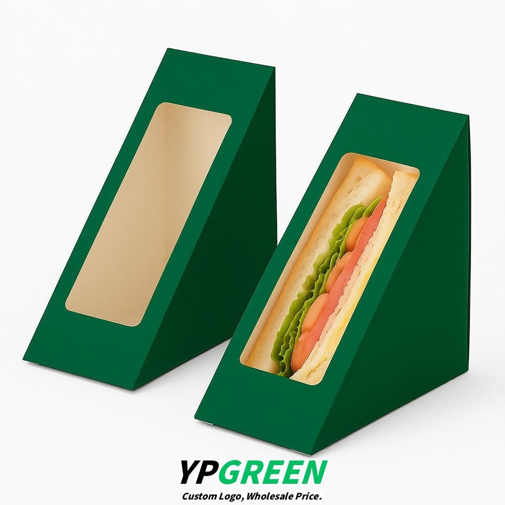 Emerald Green Triangle Paper Sandwich Boxes with Window 4.7x4.7x2.6 Inch - Factory Direct