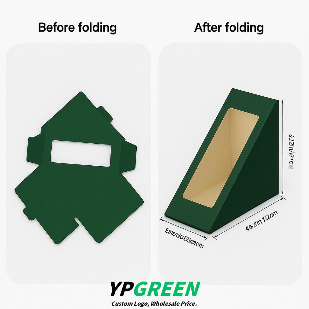 Emerald Green Triangle Paper Sandwich Boxes with Window 4.7x4.7x2.6 Inch - Factory Direct
