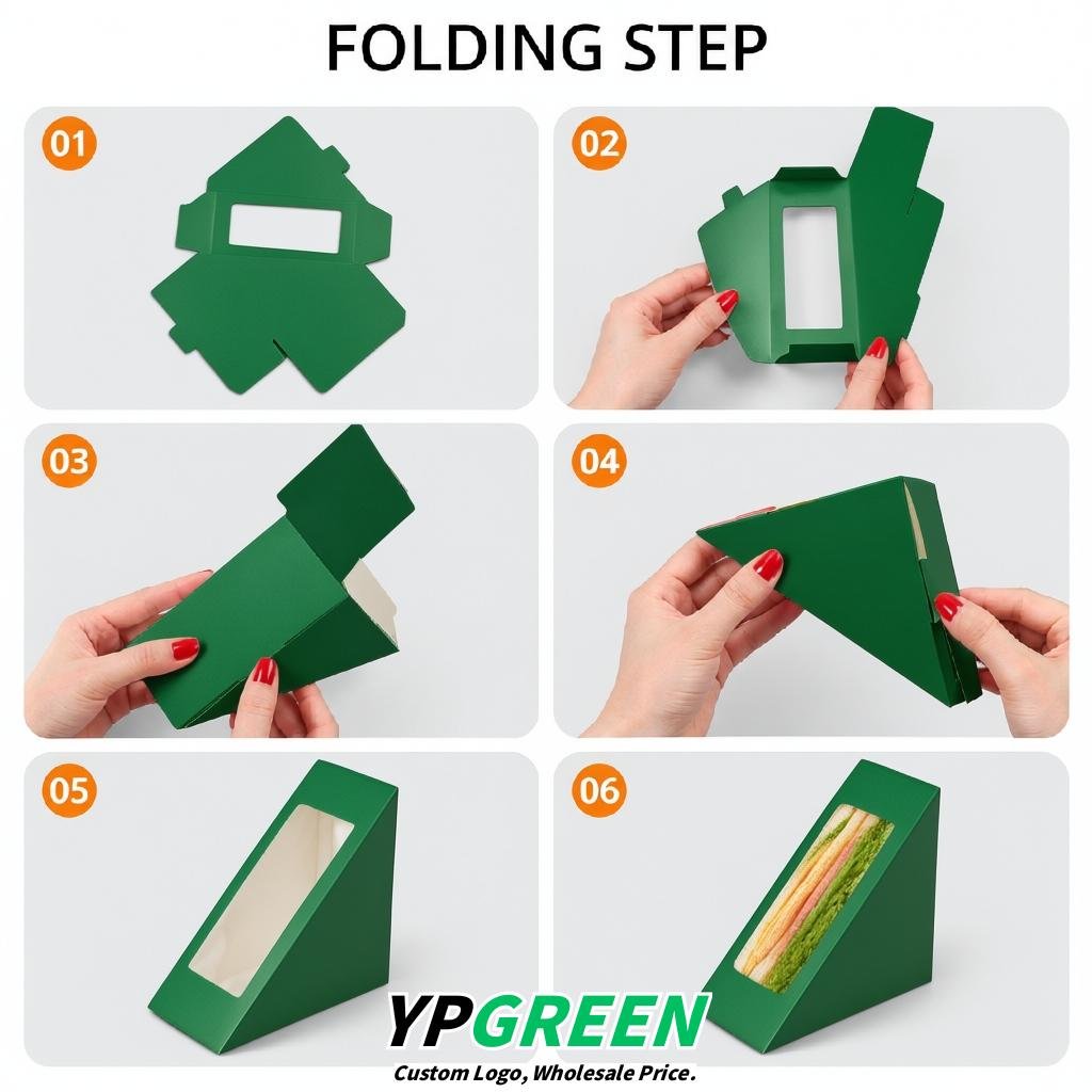 Emerald Green Triangle Paper Sandwich Boxes with Window 4.7x4.7x2.6 Inch - Factory Direct