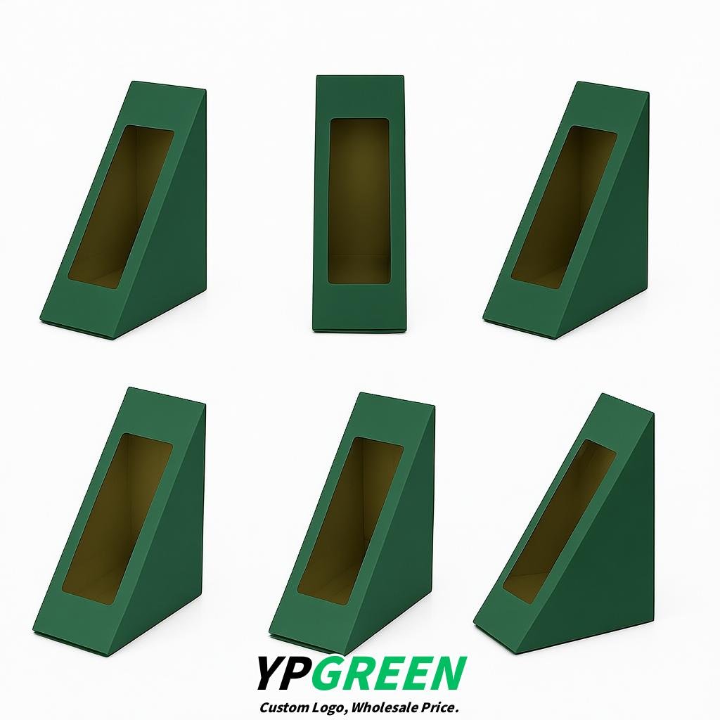 Emerald Green Triangle Paper Sandwich Boxes with Window 4.7x4.7x2.6 Inch - Factory Direct