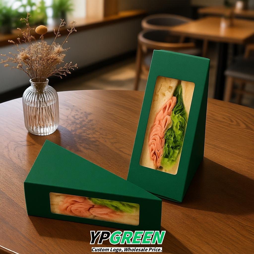 Emerald Green Triangle Paper Sandwich Boxes with Window 4.7x4.7x2.6 Inch - Factory Direct