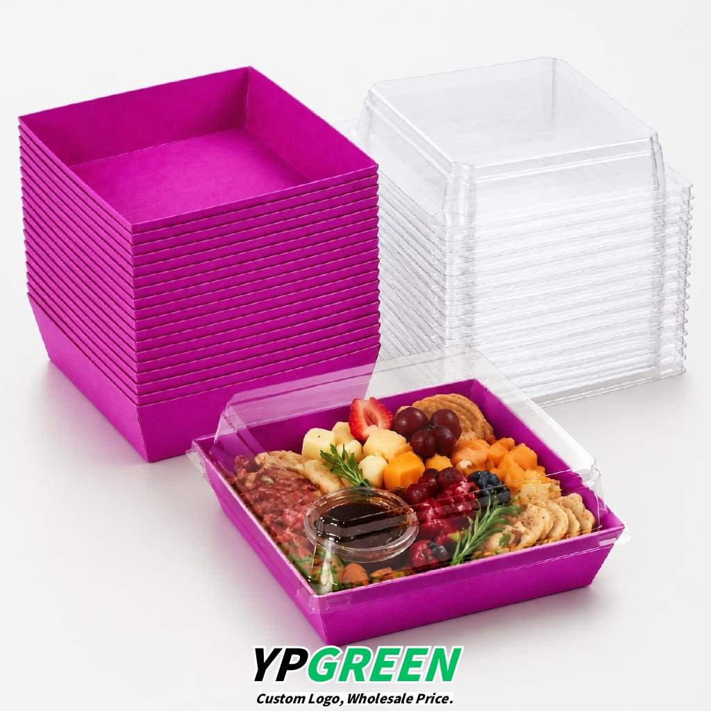 Fuchsia Charcuterie Boxes with Clear Lids - 4 inches & 5 inches Disposable Paper Square Food Containers