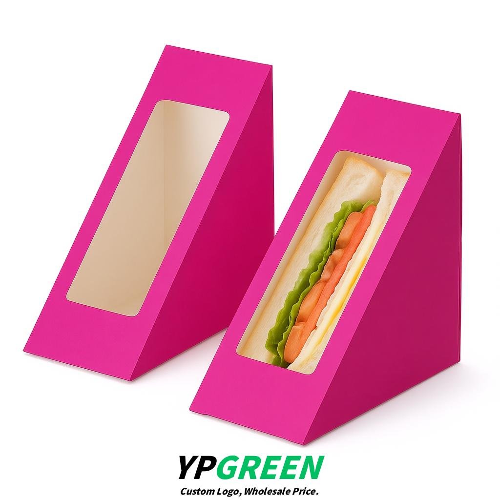 Fuchsia Triangle Paper Sandwich Boxes with Window 4.7x4.7x2.6 Inch - Factory Direct