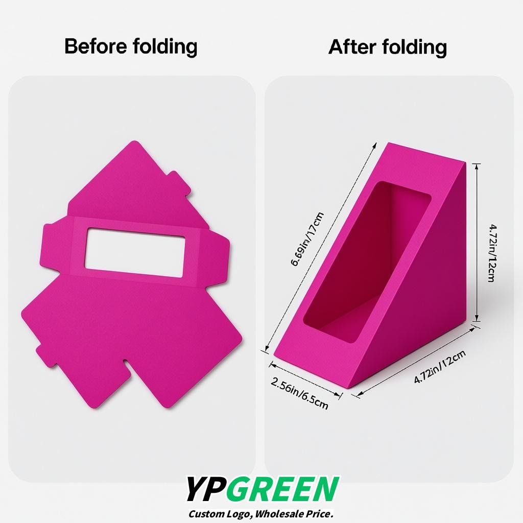 Fuchsia Triangle Paper Sandwich Boxes with Window 4.7x4.7x2.6 Inch - Factory Direct