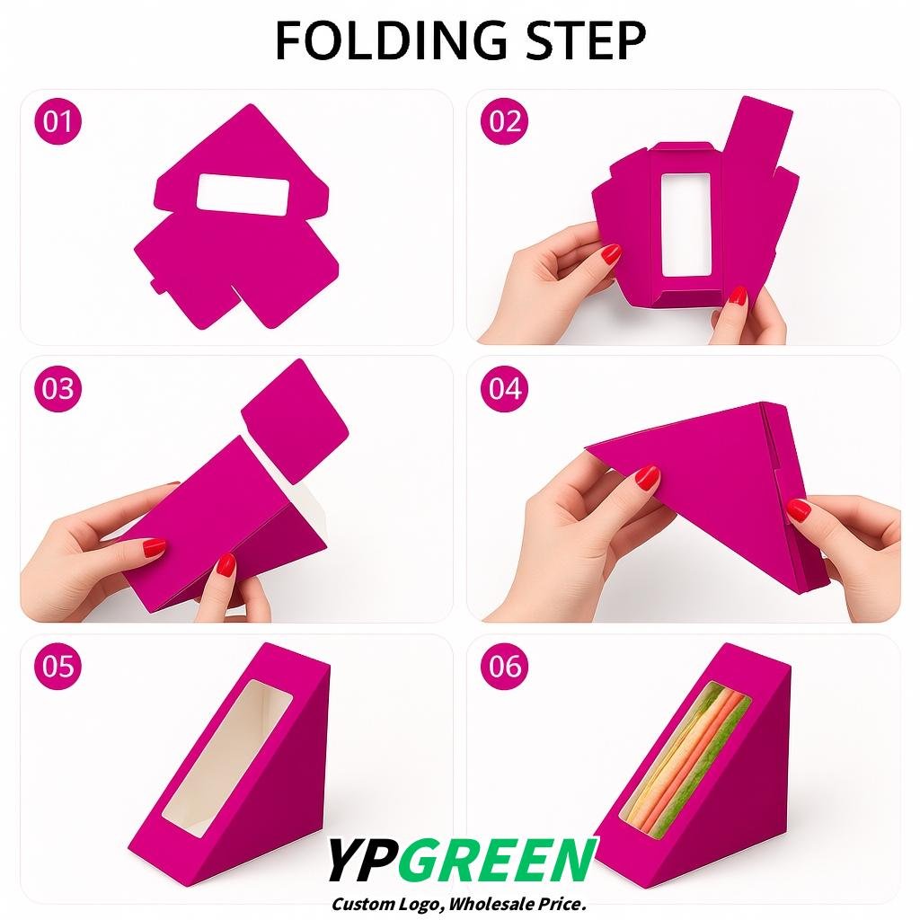 Fuchsia Triangle Paper Sandwich Boxes with Window 4.7x4.7x2.6 Inch - Factory Direct