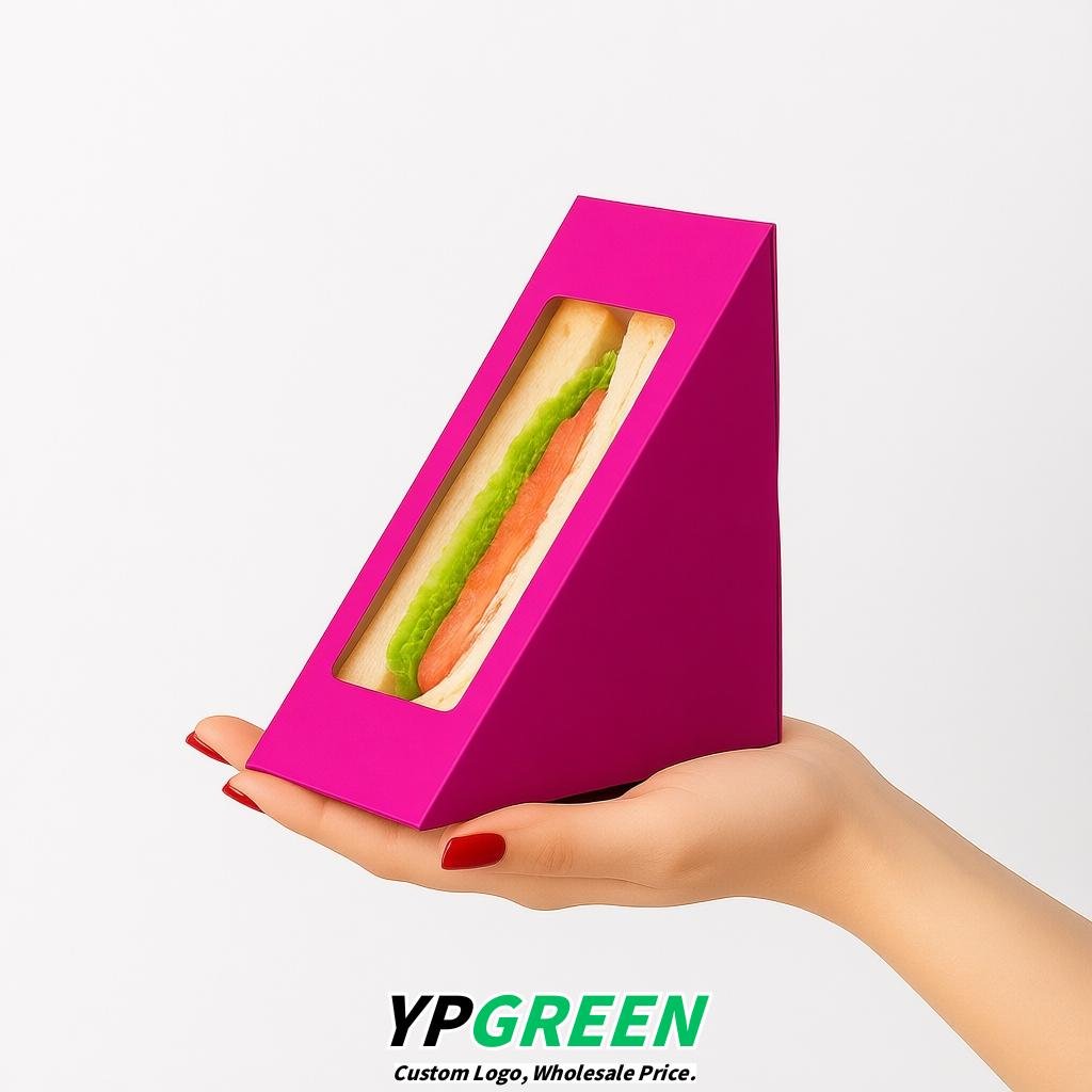 Fuchsia Triangle Paper Sandwich Boxes with Window 4.7x4.7x2.6 Inch - Factory Direct