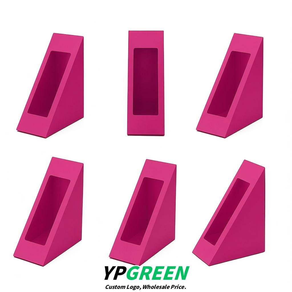 Fuchsia Triangle Paper Sandwich Boxes with Window 4.7x4.7x2.6 Inch - Factory Direct