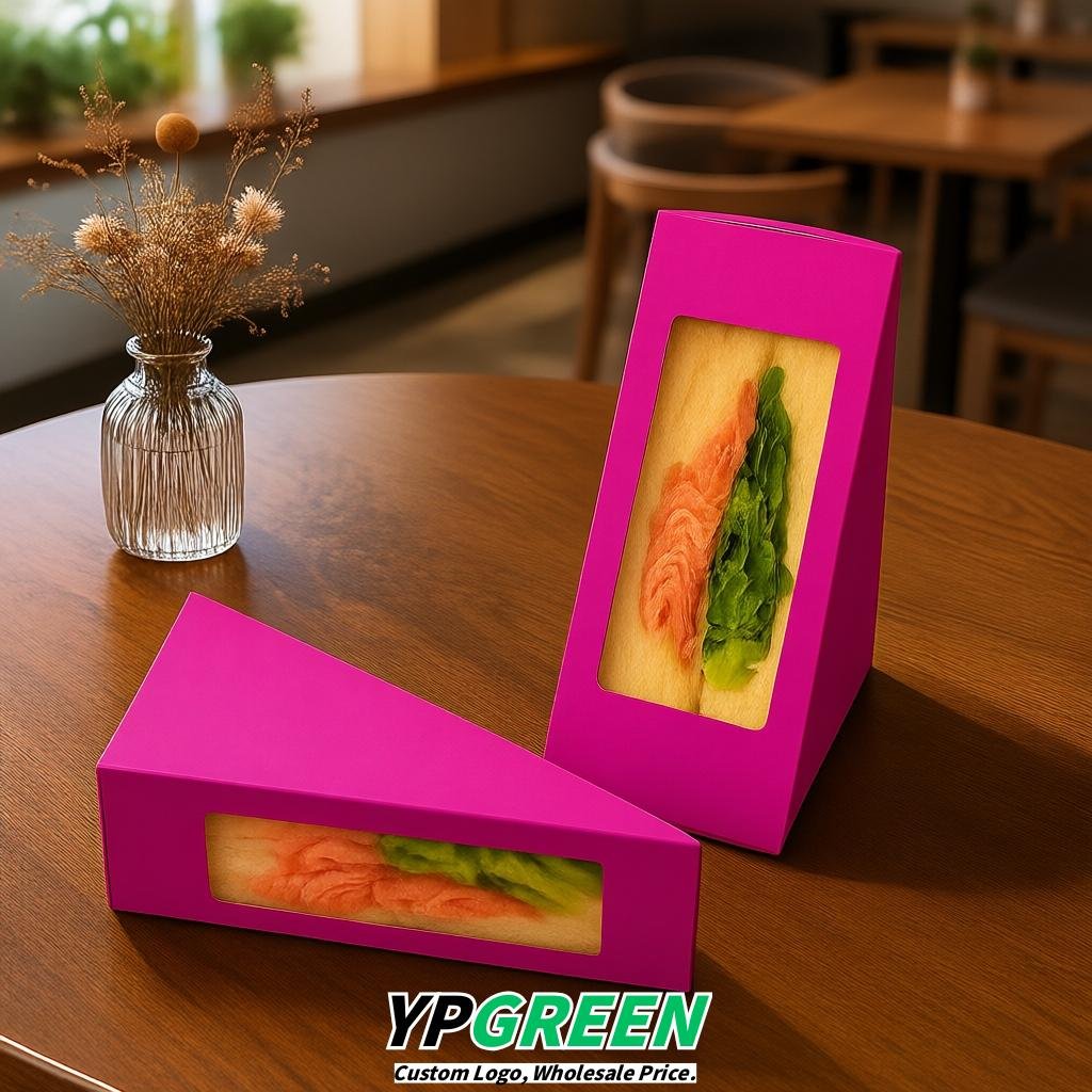 Fuchsia Triangle Paper Sandwich Boxes with Window 4.7x4.7x2.6 Inch - Factory Direct