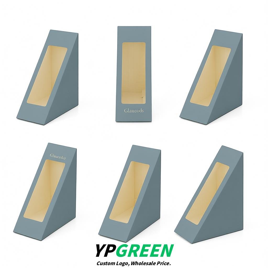Glaucous Triangle Paper Sandwich Boxes with Window 4.7x4.7x2.6 Inch - Factory Direct