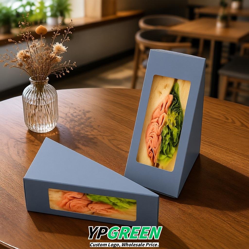 Glaucous Triangle Paper Sandwich Boxes with Window 4.7x4.7x2.6 Inch - Factory Direct