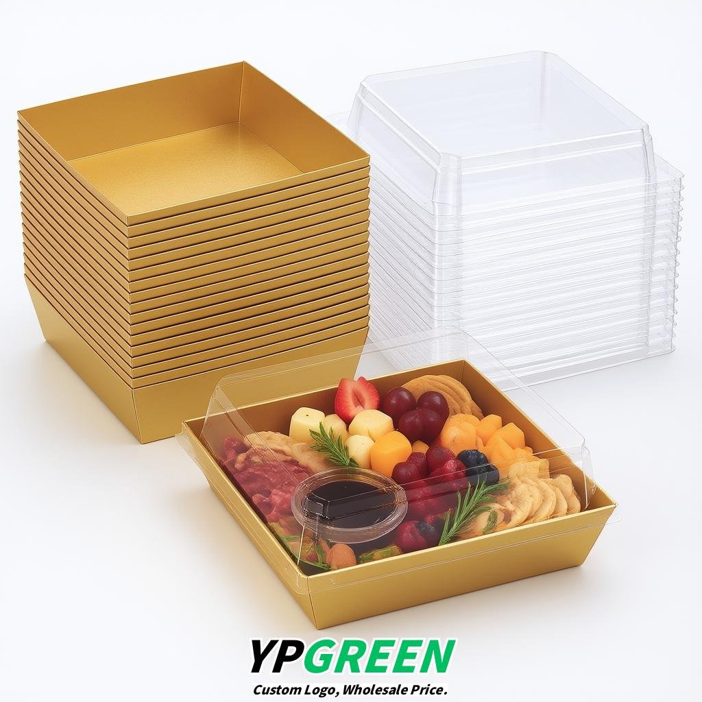 Gold Charcuterie Boxes with Clear Lids - 4 inches & 5 inches Disposable Paper Square Food Containers