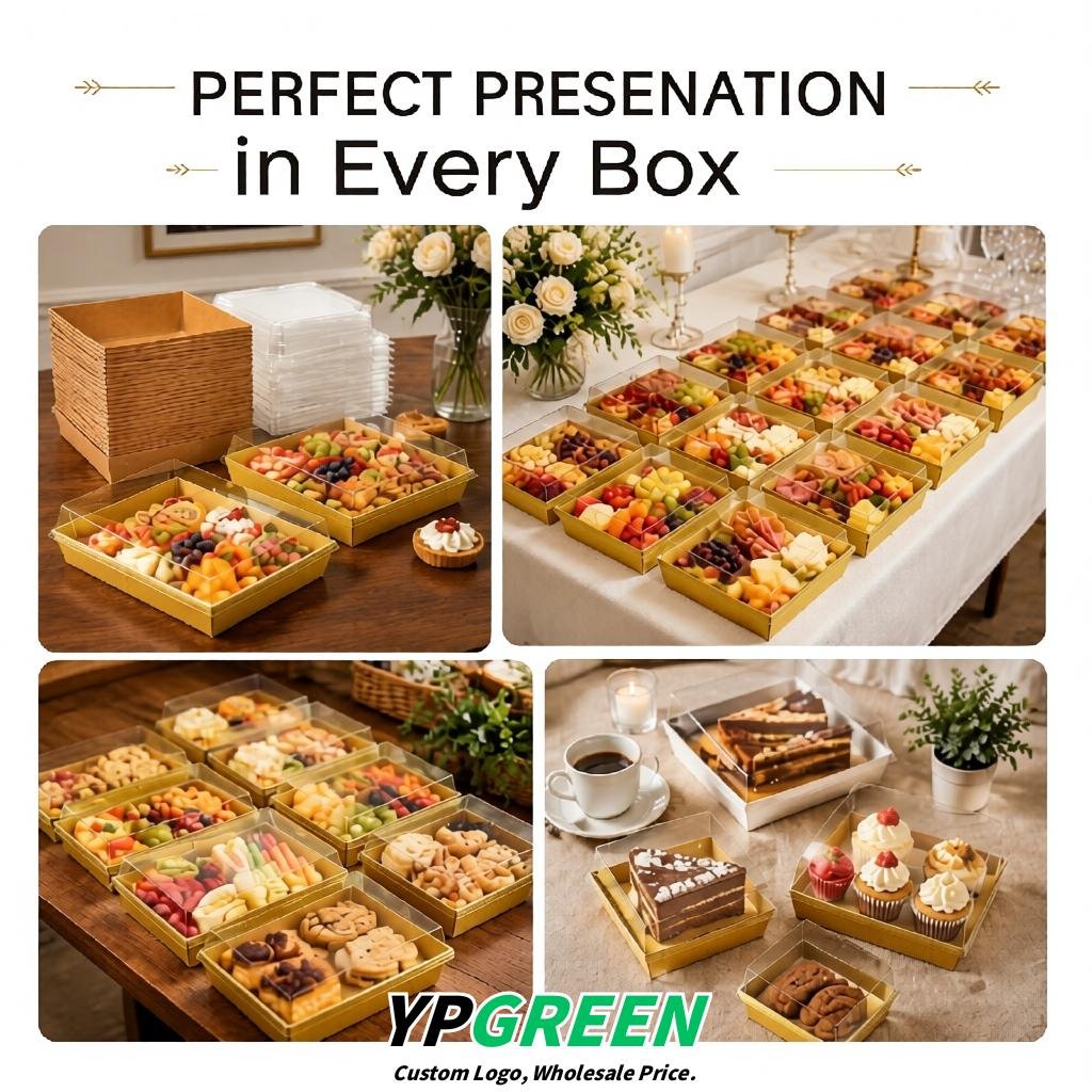 Gold Charcuterie Boxes with Clear Lids - 4 inches & 5 inches Disposable Paper Square Food Containers