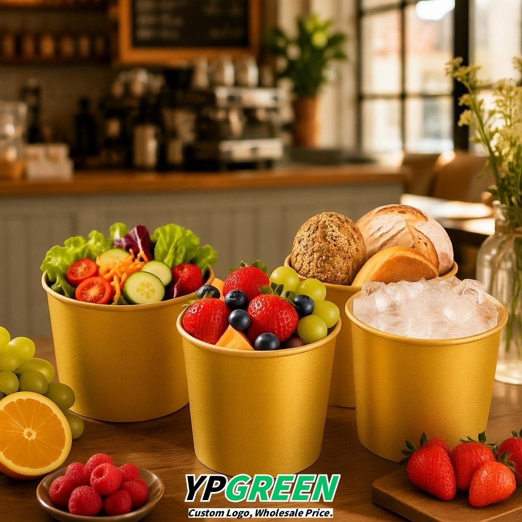 Gold 85 oz Paper Buckets 6.9x5.7x6.3 Inches Cardboard Food Container