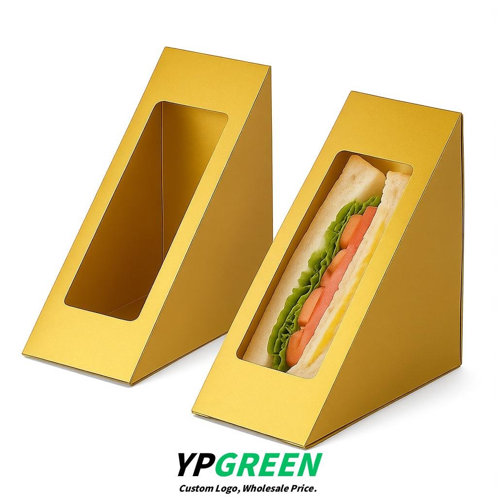 Gold Triangle Paper Sandwich Boxes with Window 4.7x4.7x2.6 Inch - Factory Direct
