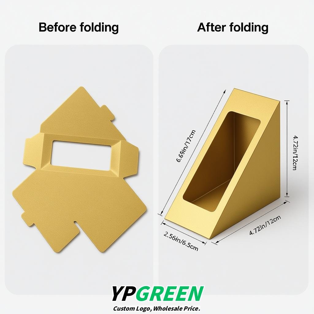 Gold Triangle Paper Sandwich Boxes with Window 4.7x4.7x2.6 Inch - Factory Direct