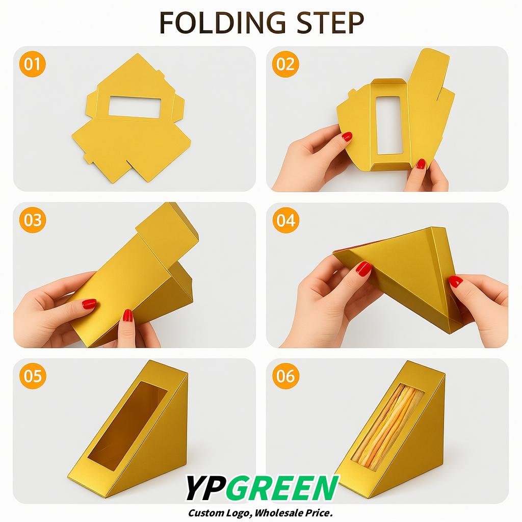 Gold Triangle Paper Sandwich Boxes with Window 4.7x4.7x2.6 Inch - Factory Direct