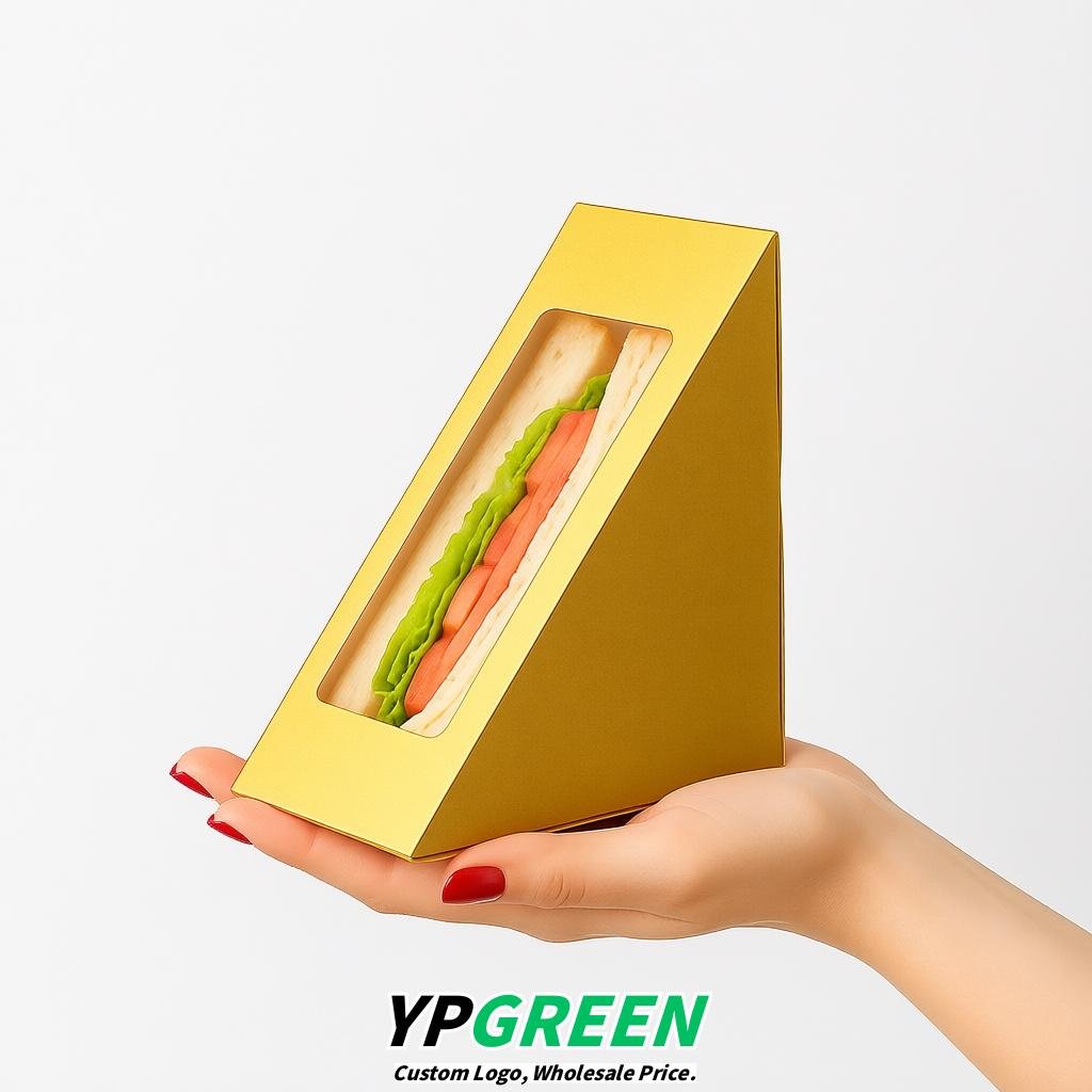 Gold Triangle Paper Sandwich Boxes with Window 4.7x4.7x2.6 Inch - Factory Direct