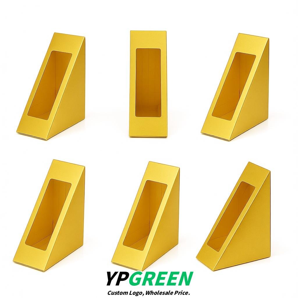 Gold Triangle Paper Sandwich Boxes with Window 4.7x4.7x2.6 Inch - Factory Direct