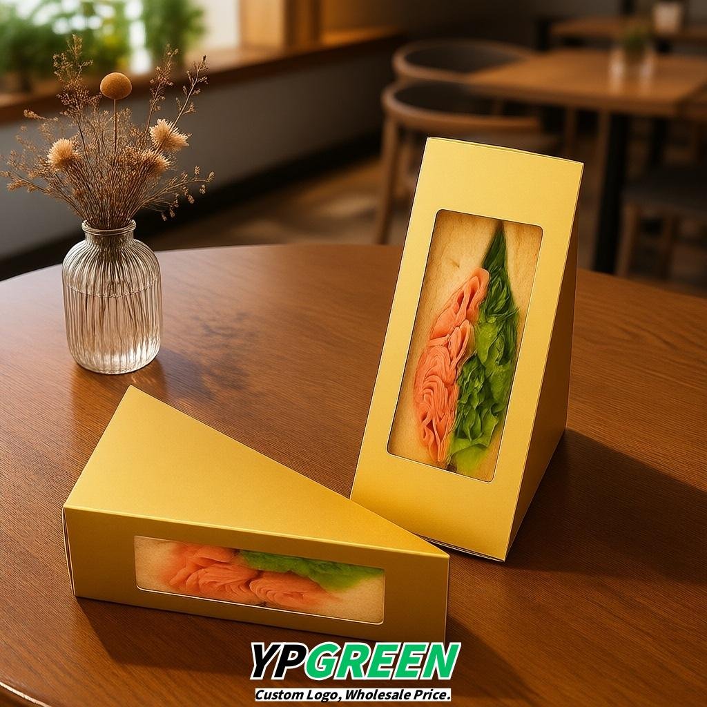 Gold Triangle Paper Sandwich Boxes with Window 4.7x4.7x2.6 Inch - Factory Direct