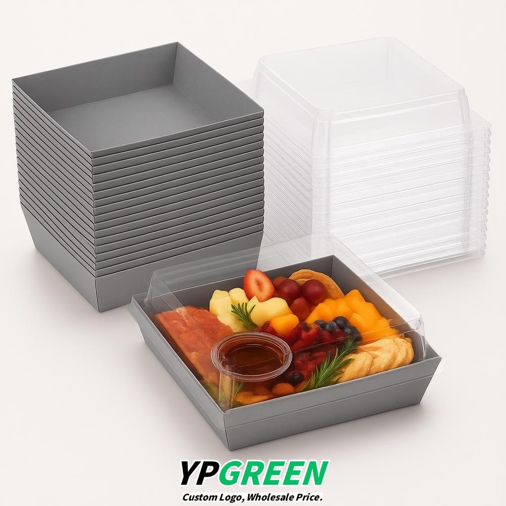 Gray Charcuterie Boxes with Clear Lids - 4 inches & 5 inches Disposable Paper Square Food Containers