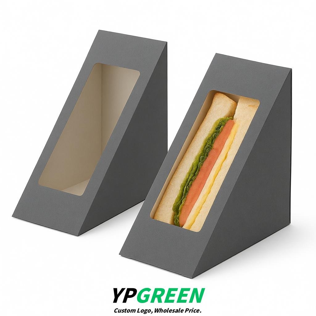 Gray Triangle Paper Sandwich Boxes with Window 4.7x4.7x2.6 Inch - Factory Direct