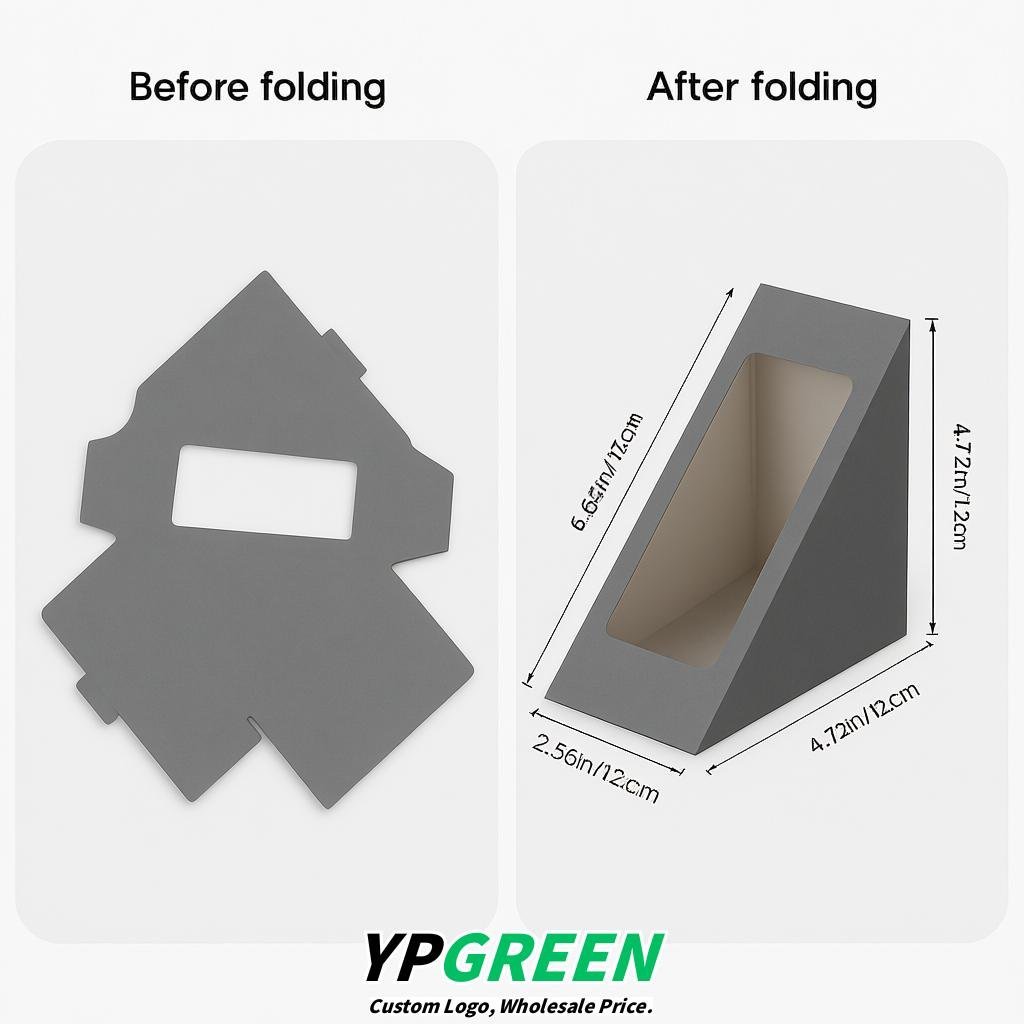 Gray Triangle Paper Sandwich Boxes with Window 4.7x4.7x2.6 Inch - Factory Direct
