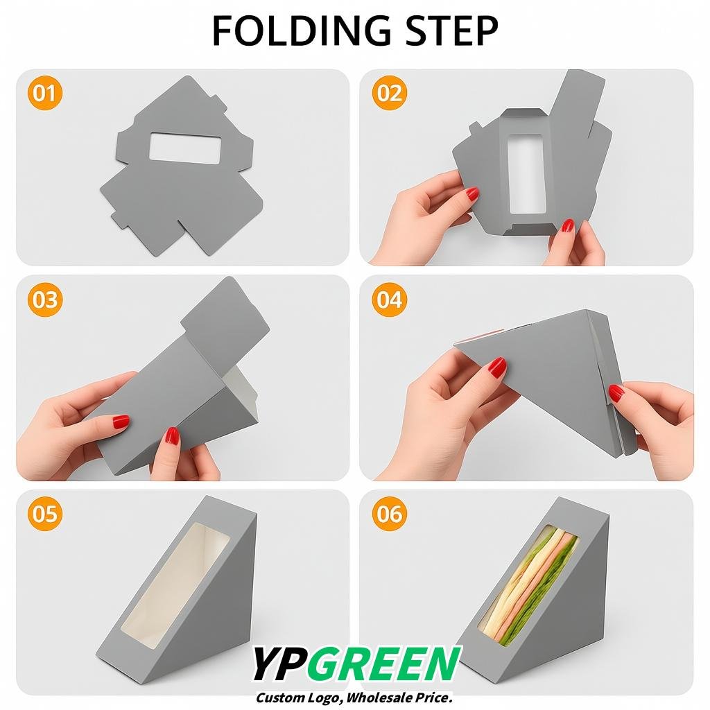 Gray Triangle Paper Sandwich Boxes with Window 4.7x4.7x2.6 Inch - Factory Direct
