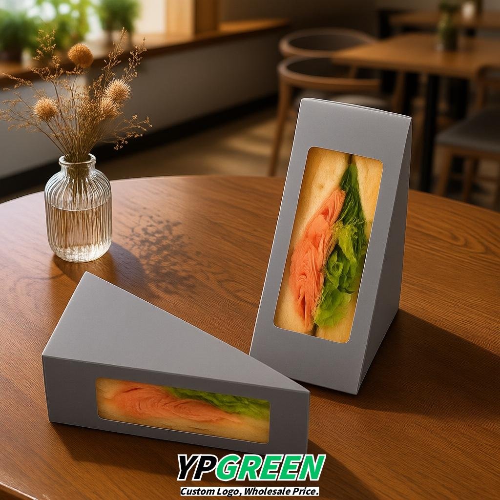 Gray Triangle Paper Sandwich Boxes with Window 4.7x4.7x2.6 Inch - Factory Direct