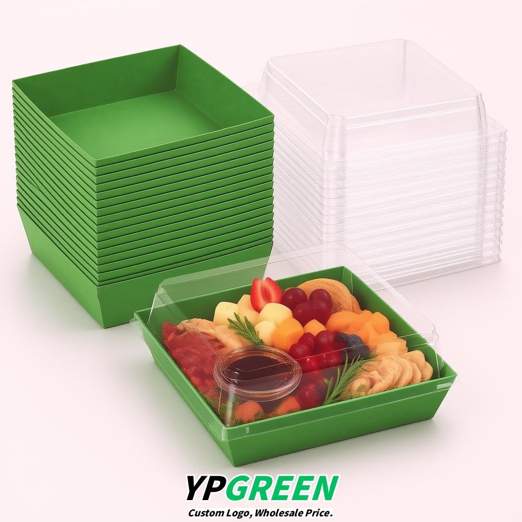 Green Charcuterie Boxes with Clear Lids - 4 inches & 5 inches Disposable Paper Square Food Containers