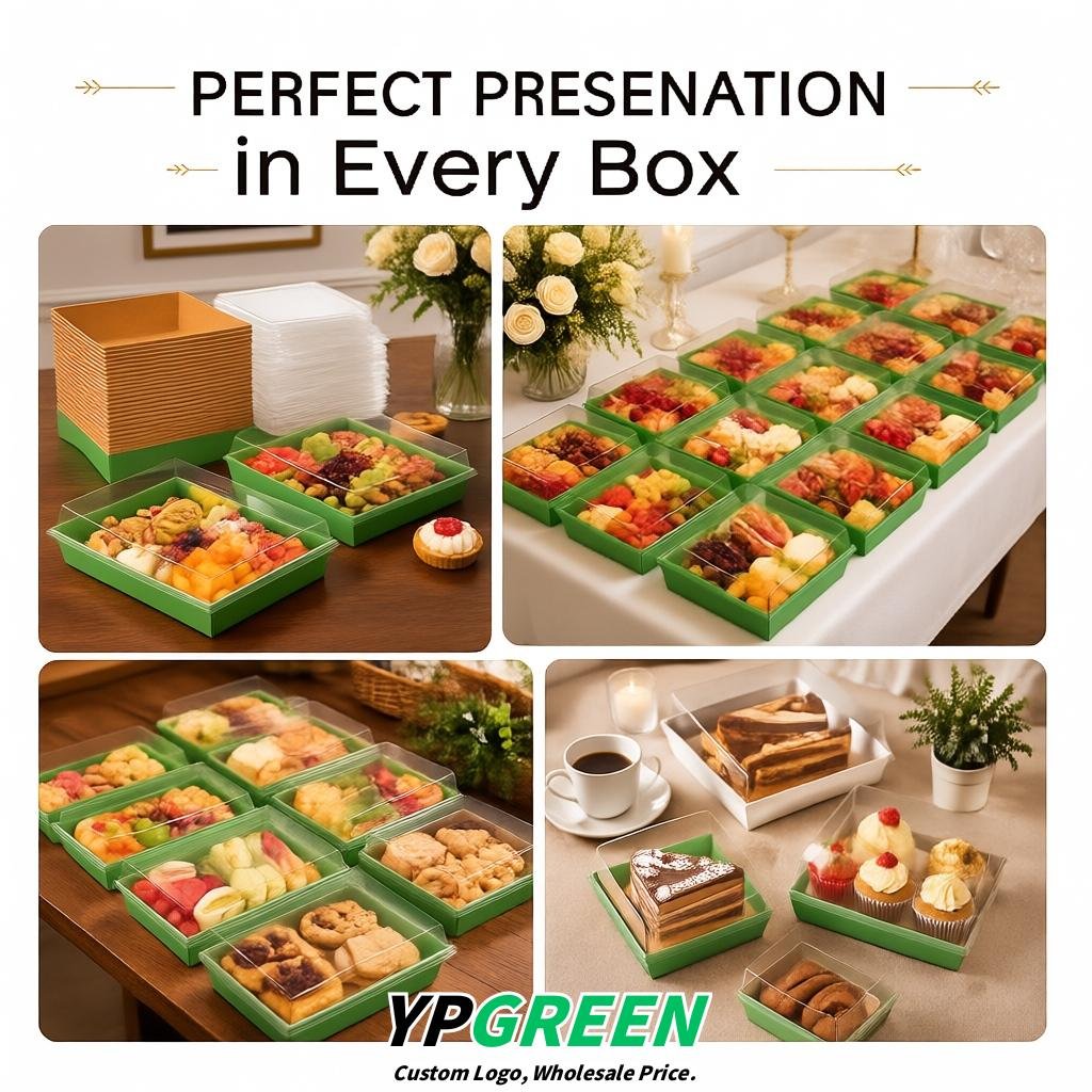 Green Charcuterie Boxes with Clear Lids - 4 inches & 5 inches Disposable Paper Square Food Containers