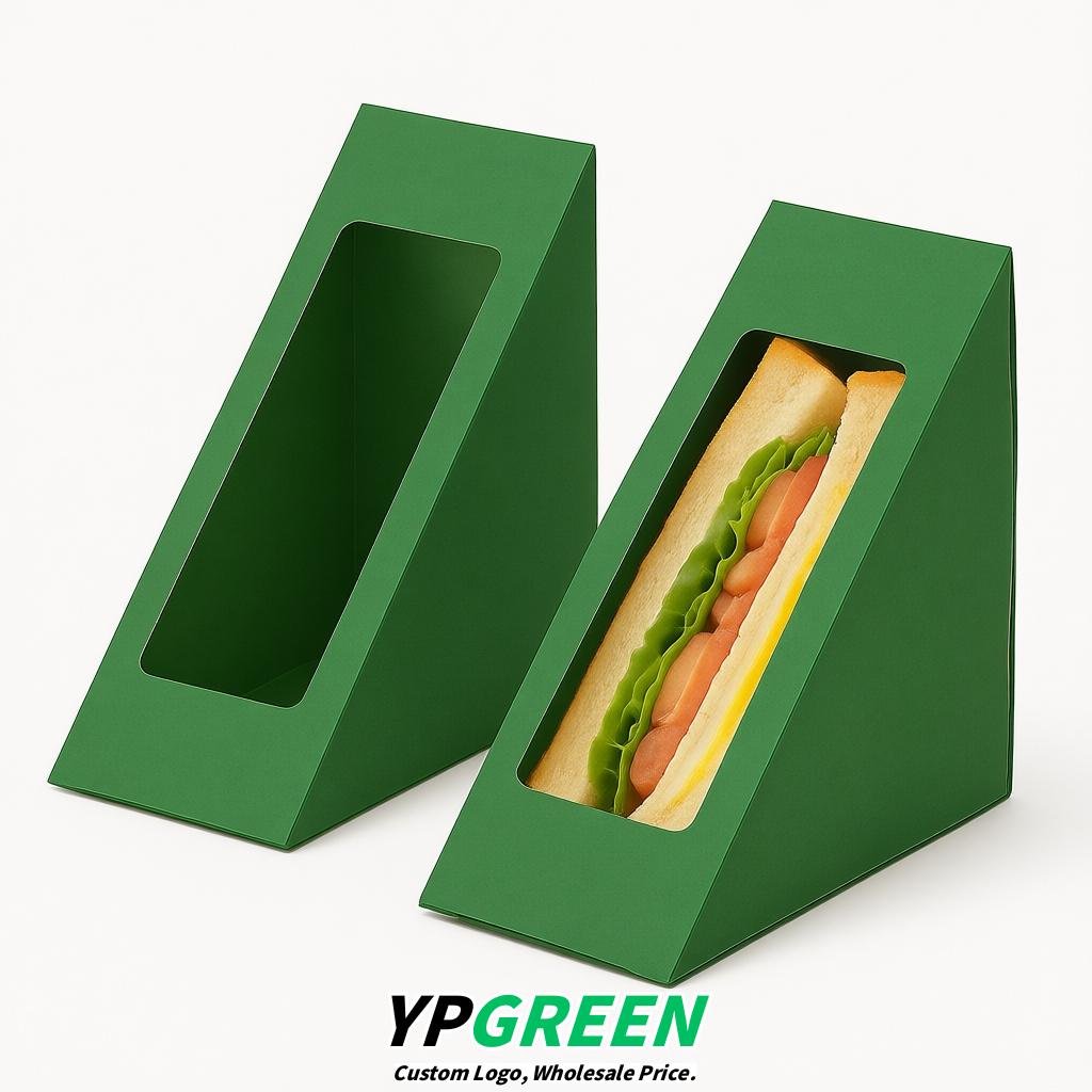 Green Triangle Paper Sandwich Boxes with Window 4.7x4.7x2.6 Inch - Factory Direct